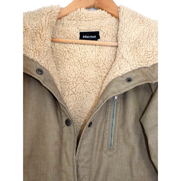 Marmot Sherpa Lined Jacket Medium Khaki Hooded Parka Cozy Y2K Gorpcore Winter - Picture 10 of 12